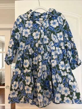 Anthropologie Bettina Floral Button-Front Tiered Dress in Green & Blue